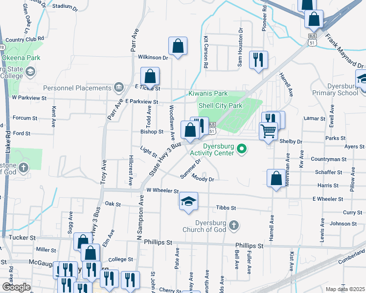 map of restaurants, bars, coffee shops, grocery stores, and more near 1116 North Sampson Avenue in Dyersburg