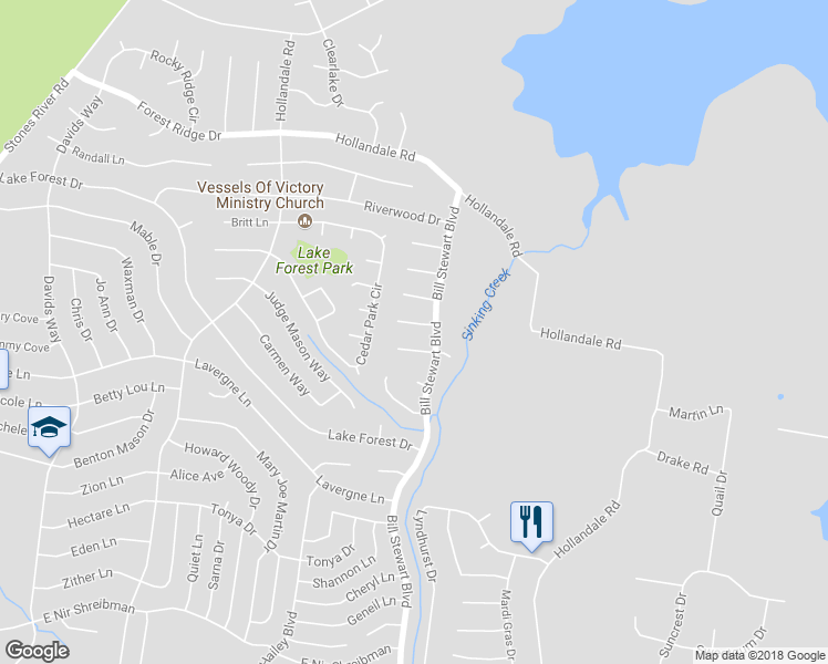map of restaurants, bars, coffee shops, grocery stores, and more near 107 Redbud Lane in La Vergne