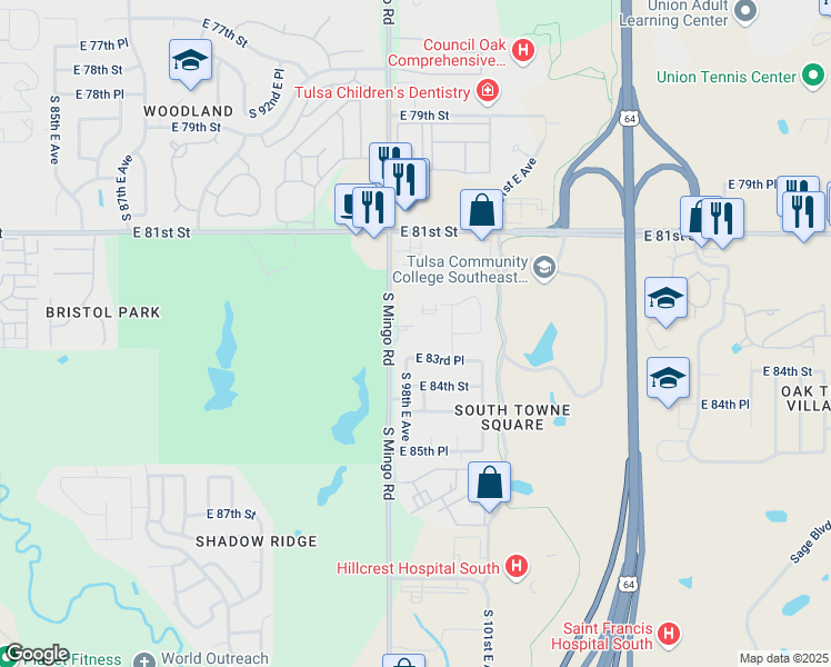 map of restaurants, bars, coffee shops, grocery stores, and more near 8231 South Mingo Road in Tulsa