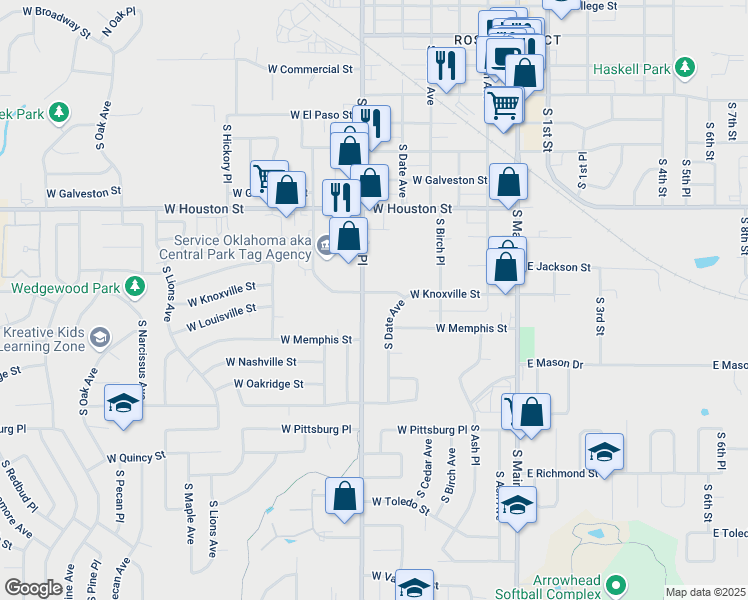 map of restaurants, bars, coffee shops, grocery stores, and more near 521 West Knoxville Street in Broken Arrow
