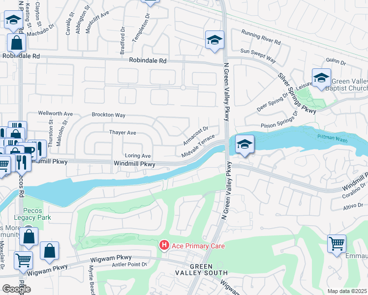 map of restaurants, bars, coffee shops, grocery stores, and more near 2231 Armacost Drive in Henderson