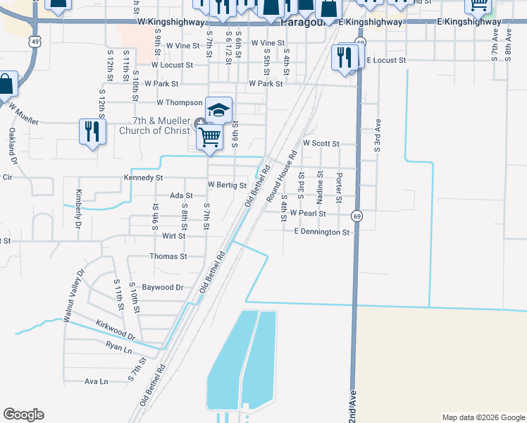 map of restaurants, bars, coffee shops, grocery stores, and more near 1400 Round House Road in Paragould