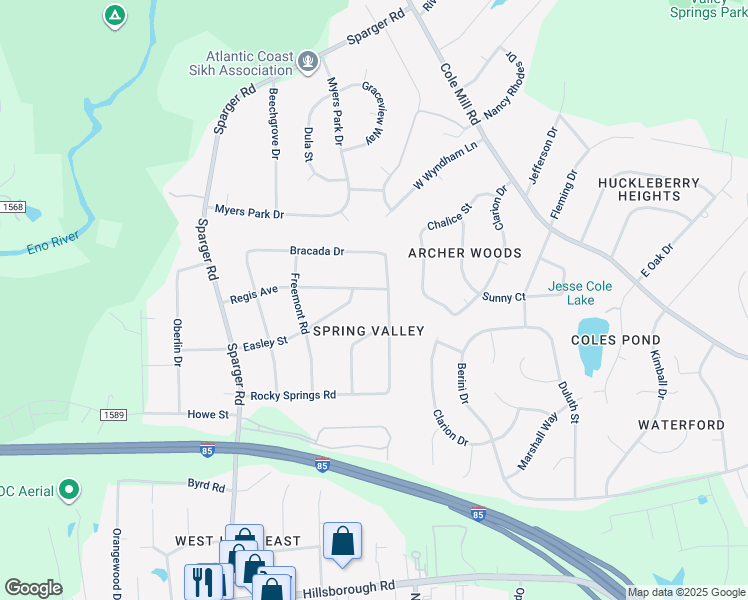 map of restaurants, bars, coffee shops, grocery stores, and more near 4305 Regis Avenue in Durham