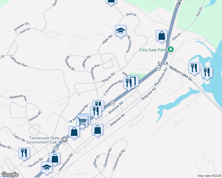map of restaurants, bars, coffee shops, grocery stores, and more near 115 East Arrowwood Road in Oak Ridge