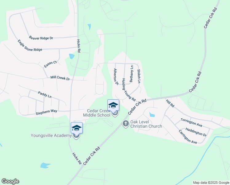 map of restaurants, bars, coffee shops, grocery stores, and more near 110 Bondhu Place in Youngsville