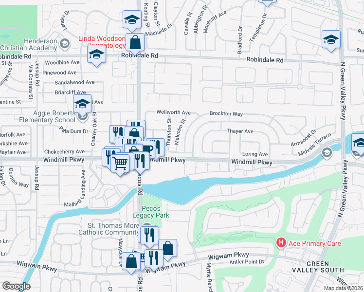 map of restaurants, bars, coffee shops, grocery stores, and more near 2418 Brockton Way in Henderson