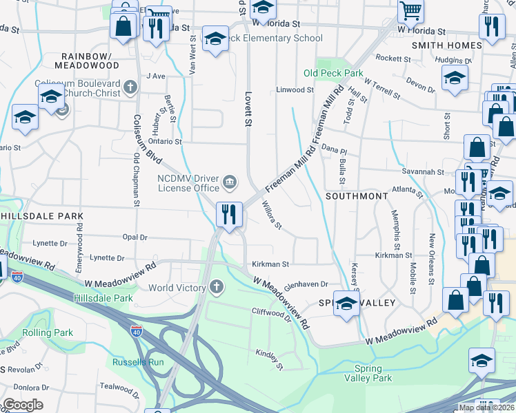 map of restaurants, bars, coffee shops, grocery stores, and more near 2417 Freeman Mill Road in Greensboro