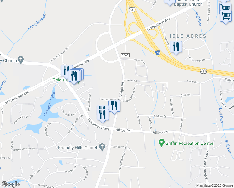 map of restaurants, bars, coffee shops, grocery stores, and more near 6000 Devoncourt Place in Jamestown