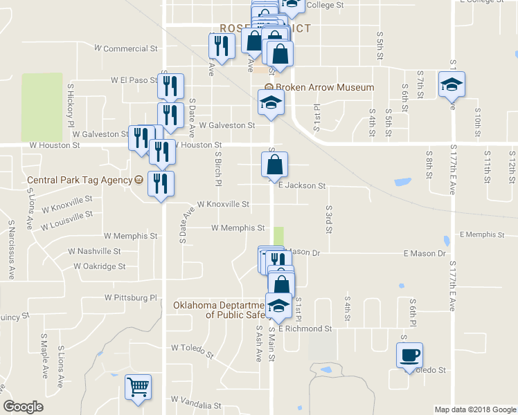map of restaurants, bars, coffee shops, grocery stores, and more near 113 West Knoxville Street in Broken Arrow
