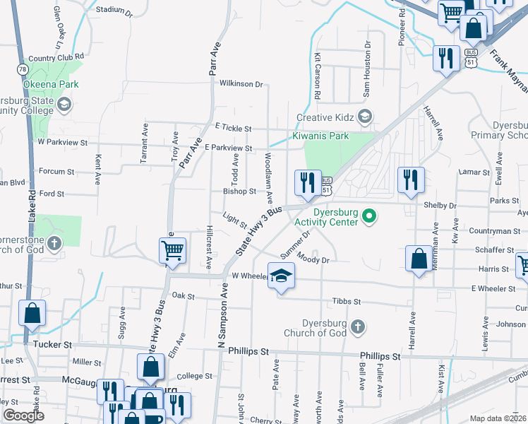 map of restaurants, bars, coffee shops, grocery stores, and more near 1031 North Sampson Avenue in Dyersburg