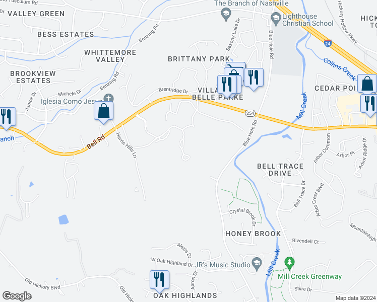 map of restaurants, bars, coffee shops, grocery stores, and more near 1617 Bell Road in Nashville