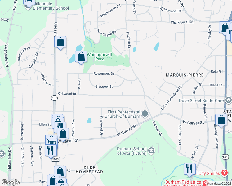 map of restaurants, bars, coffee shops, grocery stores, and more near 1510 Kirkwood Drive in Durham
