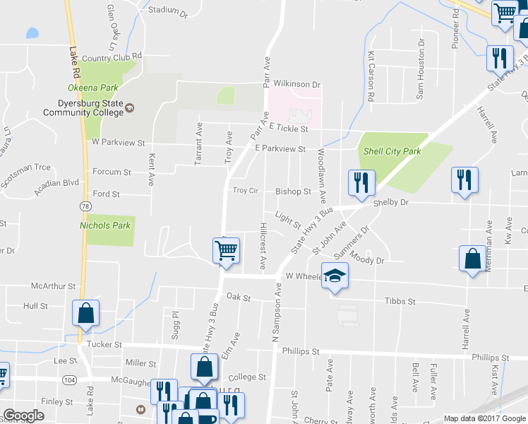 map of restaurants, bars, coffee shops, grocery stores, and more near 1098 Hillcrest Avenue in Dyersburg