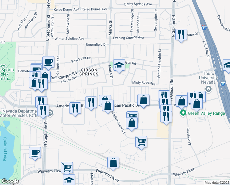 map of restaurants, bars, coffee shops, grocery stores, and more near 214 Roxborough Street in Henderson