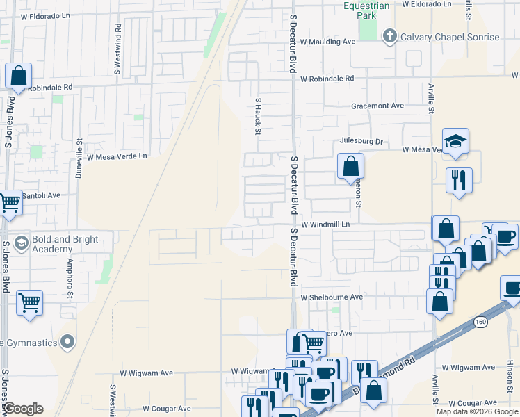 map of restaurants, bars, coffee shops, grocery stores, and more near 8055 South Joaquin Gully Court in Las Vegas