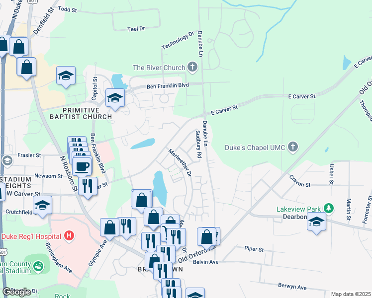map of restaurants, bars, coffee shops, grocery stores, and more near 4012 Brambury Crossing in Durham