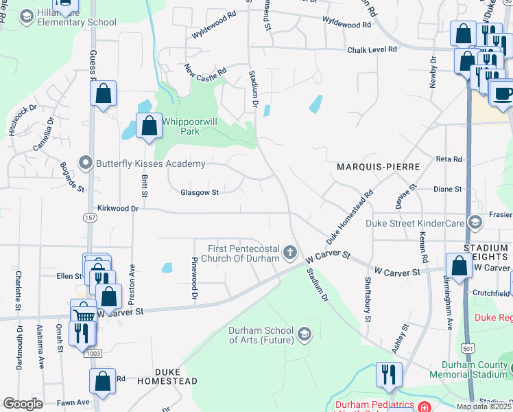 map of restaurants, bars, coffee shops, grocery stores, and more near 1428 Kirkwood Drive in Durham