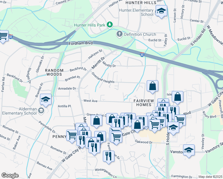 map of restaurants, bars, coffee shops, grocery stores, and more near 3909 Pioneer Way in Greensboro
