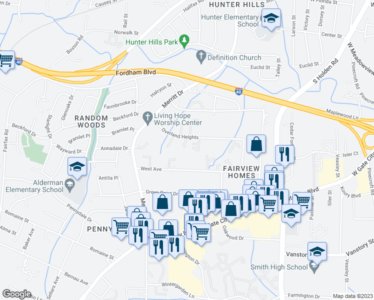 map of restaurants, bars, coffee shops, grocery stores, and more near 3909 Pioneer Way in Greensboro