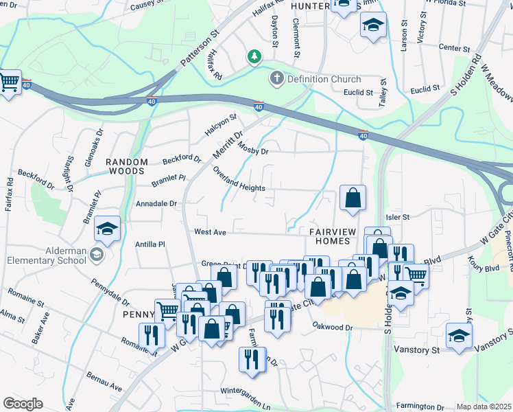 map of restaurants, bars, coffee shops, grocery stores, and more near 3909 Pioneer Way in Greensboro