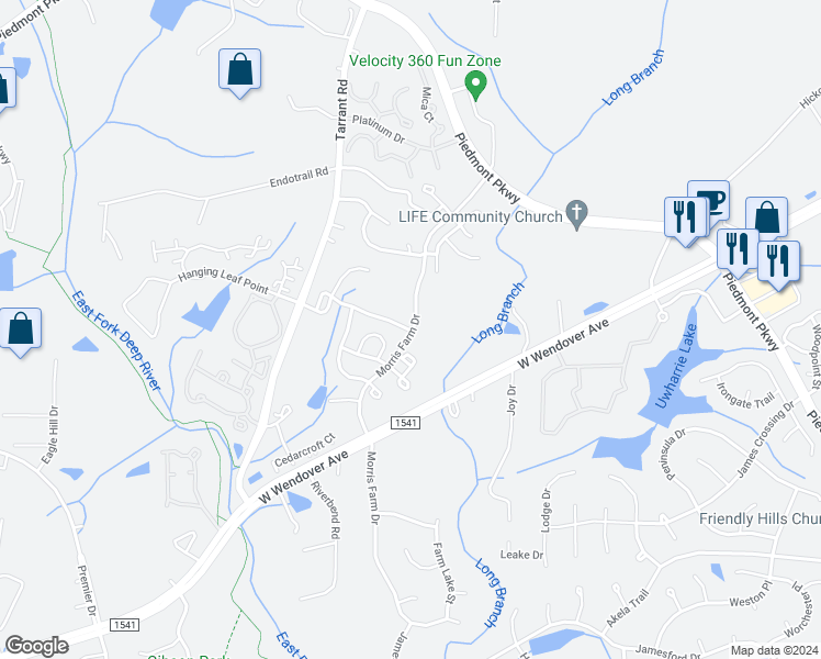 map of restaurants, bars, coffee shops, grocery stores, and more near 4342 Rocky Brook Court in Greensboro