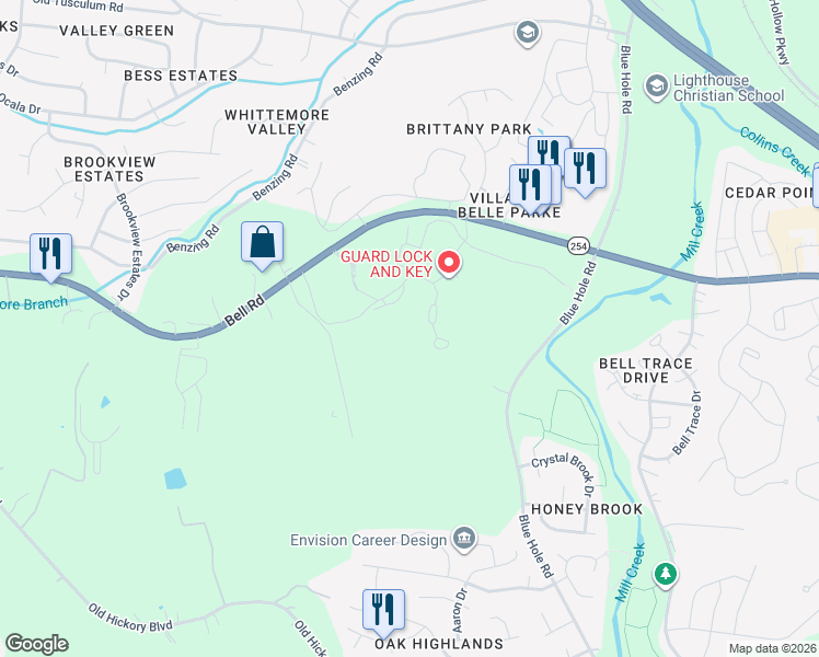 map of restaurants, bars, coffee shops, grocery stores, and more near 1617 Bell Road in Nashville