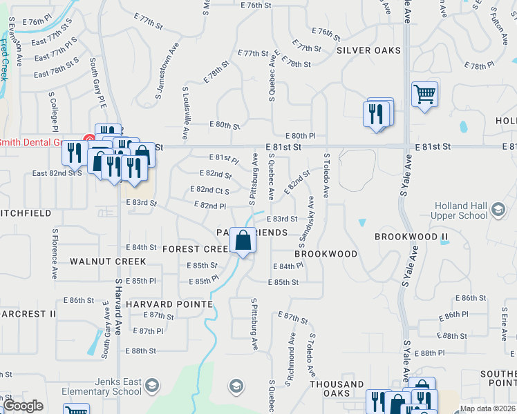 map of restaurants, bars, coffee shops, grocery stores, and more near 8180 South Quebec Avenue in Tulsa