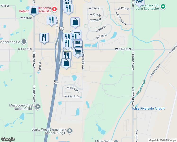 map of restaurants, bars, coffee shops, grocery stores, and more near 8155 South Maybelle Avenue in Tulsa
