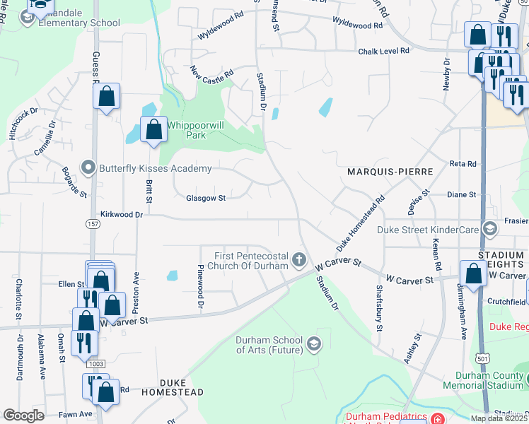 map of restaurants, bars, coffee shops, grocery stores, and more near 1428 Kirkwood Drive in Durham