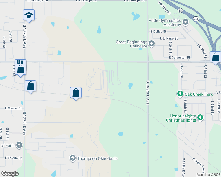 map of restaurants, bars, coffee shops, grocery stores, and more near 1601 East Houston Street in Broken Arrow