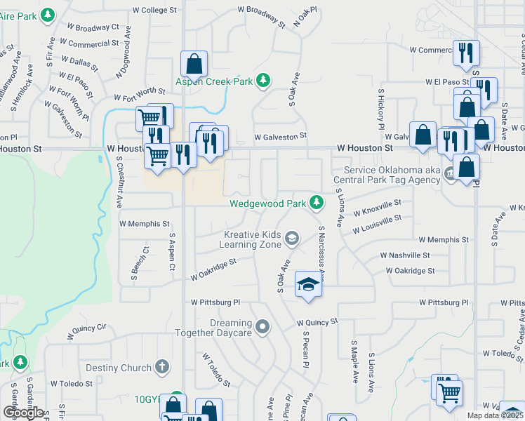 map of restaurants, bars, coffee shops, grocery stores, and more near 1632 West Louisville Street in Broken Arrow