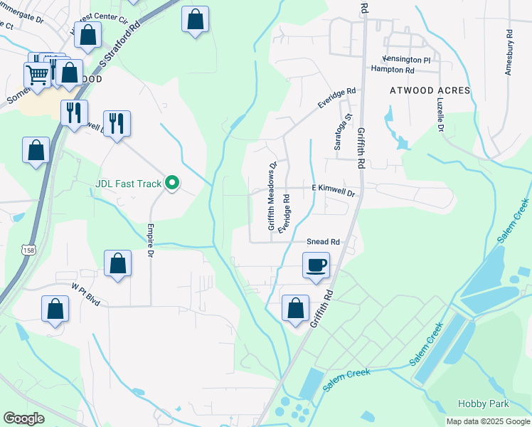 map of restaurants, bars, coffee shops, grocery stores, and more near 2551 Griffith Meadows Drive in Winston-Salem