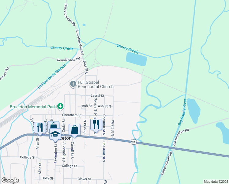 map of restaurants, bars, coffee shops, grocery stores, and more near 233 Wyatt Street North in Bruceton