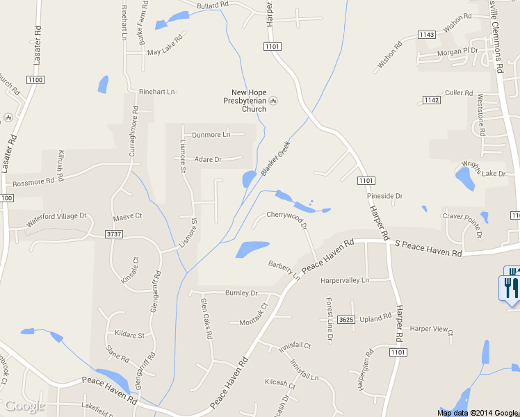 map of restaurants, bars, coffee shops, grocery stores, and more near 2127 Cherrywood Drive in Clemmons