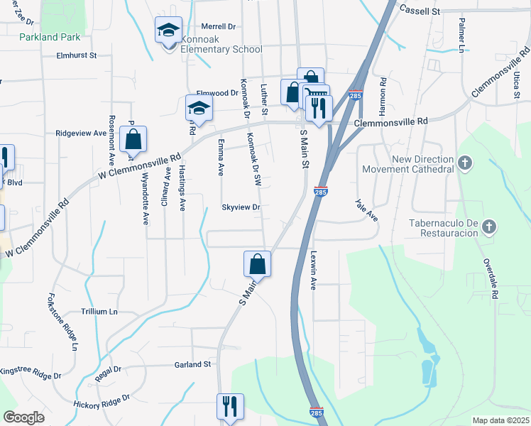 map of restaurants, bars, coffee shops, grocery stores, and more near 3765 Konnoak Drive Southwest in Winston-Salem