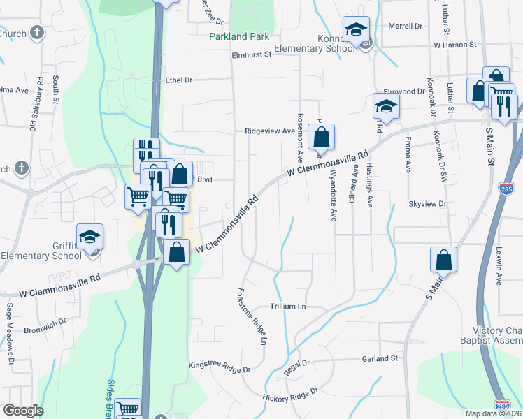 map of restaurants, bars, coffee shops, grocery stores, and more near 3701 Cora Drive in Winston-Salem