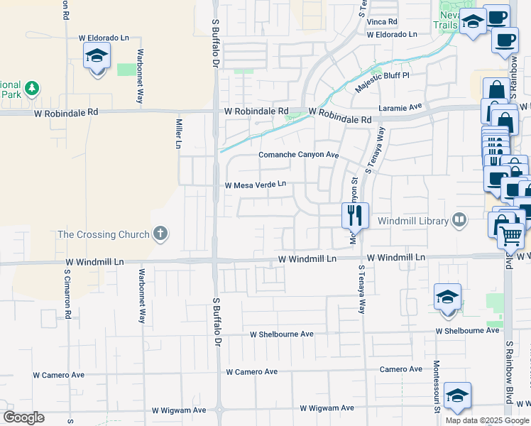 map of restaurants, bars, coffee shops, grocery stores, and more near 7644 Pioneer Ranch Avenue in Las Vegas