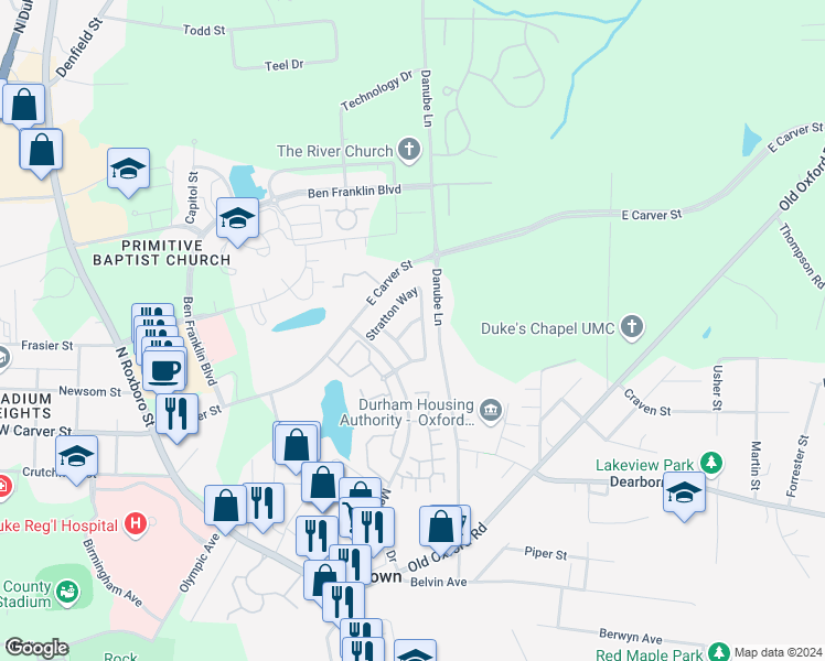 map of restaurants, bars, coffee shops, grocery stores, and more near 510 Grammercy Place in Durham