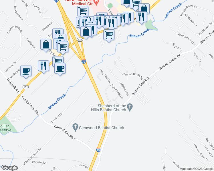 map of restaurants, bars, coffee shops, grocery stores, and more near 7423 Long Shot Lane in Knoxville