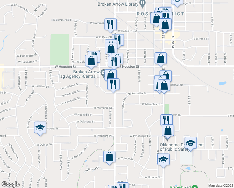 map of restaurants, bars, coffee shops, grocery stores, and more near 521 West Knoxville Street in Broken Arrow