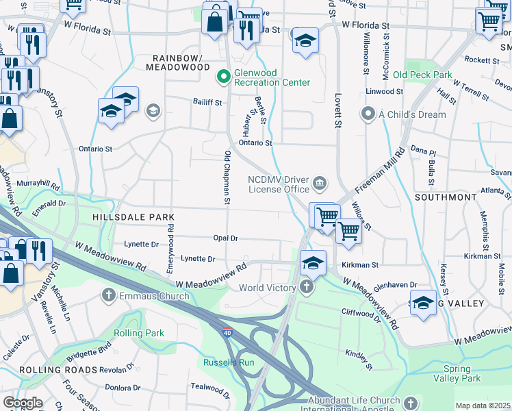 map of restaurants, bars, coffee shops, grocery stores, and more near 1930 Murrayhill Road in Greensboro