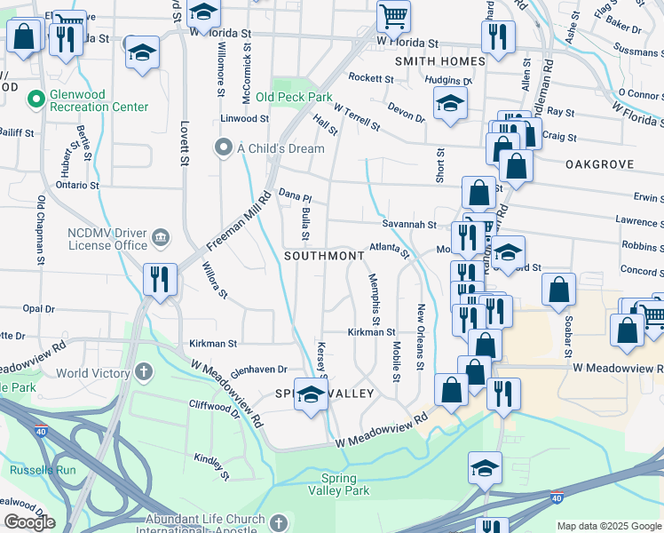 map of restaurants, bars, coffee shops, grocery stores, and more near in Greensboro