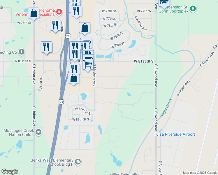 map of restaurants, bars, coffee shops, grocery stores, and more near 8155 South Maybelle Avenue in Tulsa
