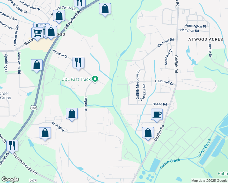 map of restaurants, bars, coffee shops, grocery stores, and more near 425 Carolyn Drive in Winston-Salem