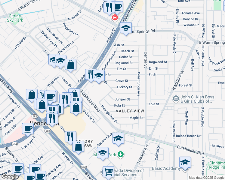map of restaurants, bars, coffee shops, grocery stores, and more near 124 Ivy Street in Henderson
