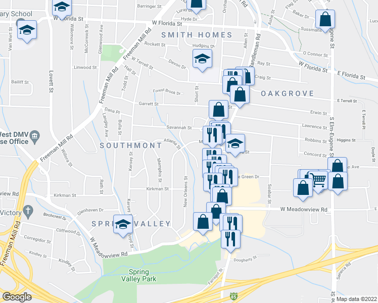 map of restaurants, bars, coffee shops, grocery stores, and more near 2300 Columbus Street in Greensboro