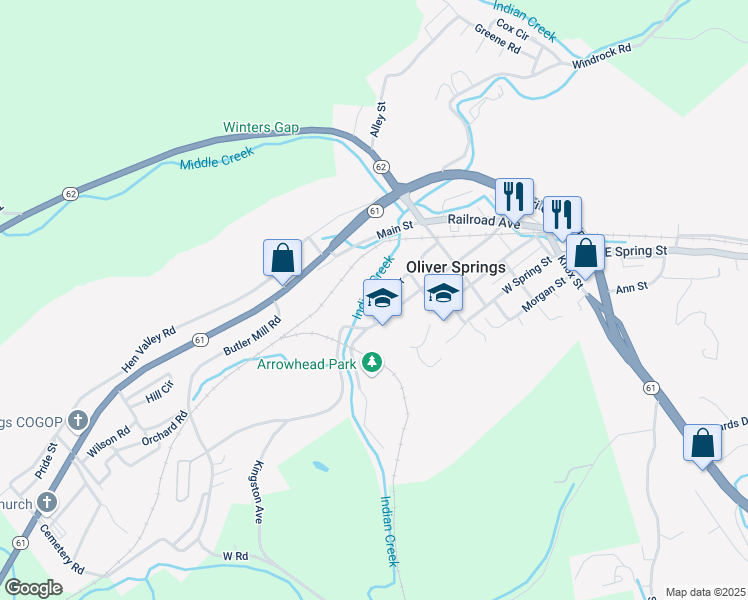 map of restaurants, bars, coffee shops, grocery stores, and more near 240 Burney Drive in Oliver Springs