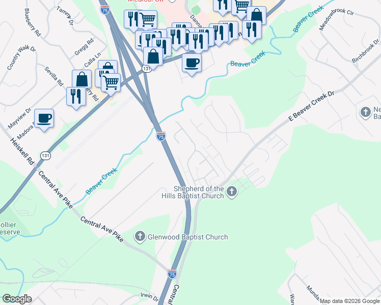 map of restaurants, bars, coffee shops, grocery stores, and more near 7172 High Alpine Lane in Knoxville