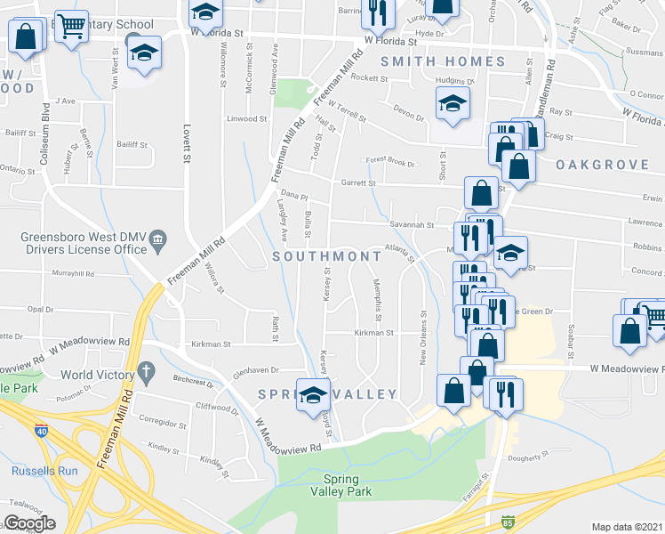 map of restaurants, bars, coffee shops, grocery stores, and more near 2305 Kersey Street in Greensboro