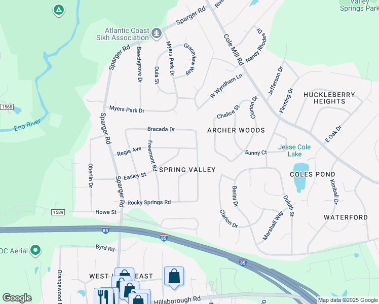 map of restaurants, bars, coffee shops, grocery stores, and more near 4305 Regis Avenue in Durham